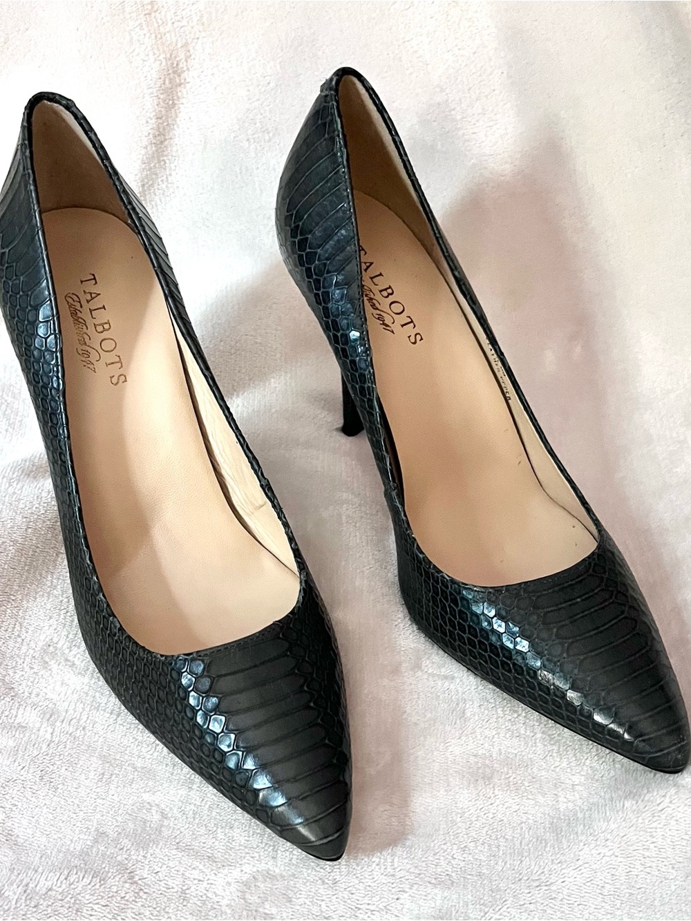Talbots Hunter Green Snake Embossed Leather Pointed Toe Sylvie Pump Heels 8.5B